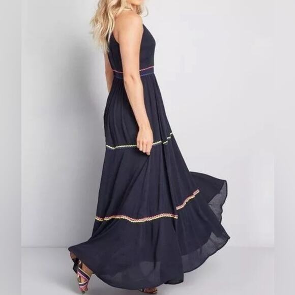 Modcloth Women's Size 2 XS Yes to Festive Maxi Dress Navy Gauze RicRac Tiered - Picture 2 of 16
